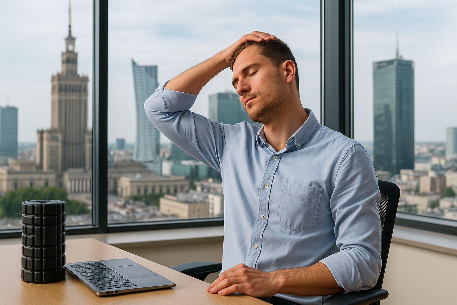 Pracownik biurowy rozciągający kark przy biurku – fizjoterapia Warszawa Mokotów
